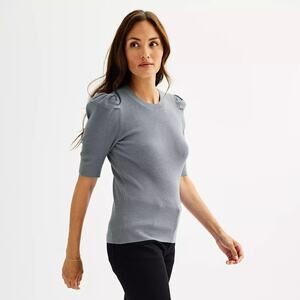 Nine West Gray Puff Sleeves Size Small Women's Sweater Rib Top 1/2 Sleeve